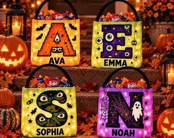Gepersonaliseerde Halloween-mand, op maat gemaakte ABC Halloween-snoepzak voor kinderen, emmer met monogramletter