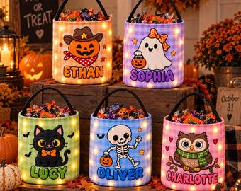 Spookachtige Halloween snoepmand, gepersonaliseerde snoepzak met LED-verlichting, cadeau voor een verkleedfeestje voor kinderen