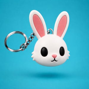 May include: A white rabbit head keychain featuring long ears with pink inner accents, large solid black circular eyes, a small pink nose, and a simple black mouth line. The charm is attached to a silver-toned metal split ring by a short chain.