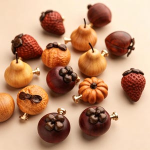 May include: A collection of wooden cabinet knobs shaped like various fruits and vegetables, including strawberries, pears, mangosteens, and pumpkins. Each knob features a natural wood grain finish in shades of brown, tan, and red with brass hardware.