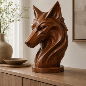 Può includere: Una scultura in legno marrone a forma di testa di volpe con linee geometriche intagliate e una finitura lucida. La volpe è raffigurata di profilo, rivolta verso sinistra, con orecchie a punta e un collo slanciato su una base circolare.