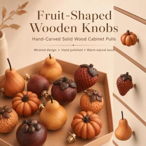 Wooden Fruit Cabinet Knobs, Pear Strawberry Pumpkin Drawer Pulls for Kitchen Cabinets, Dressers or Furniture Makeover