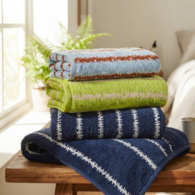 100% Cotton Striped Bath Towels | Retro Farmhouse Soft Absorbent Decor