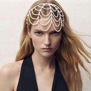 Draped Pearl Bridal Cap Veil, Vintage 1920s Flapper Headband, Boho Festival Hair Jewelry