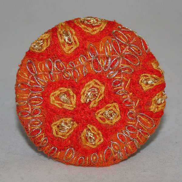 Embroidered Brooch - Red and Gold Floral Swirls