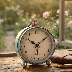May include: A round analog alarm clock with a light blue frame, a cream-colored face, and black Arabic numerals. The clock features a copper-toned top handle, two silver spherical feet, and black hands. The word QUARTZ is printed on the clock face.