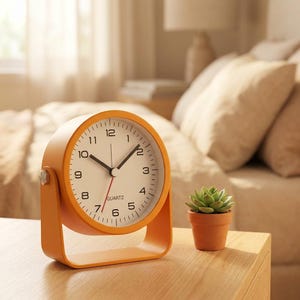 May include: A round orange analog quartz clock with a white face, black numerals, and black hands, including a thin red second hand. The clock is mounted on a matching orange U-shaped stand. Beside the clock sits a small green succulent in a terracotta pot.