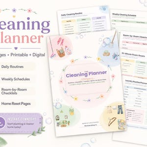 Könnte beinhalten: Ein 40-seitiger druckbarer und digitaler Reinigungsplaner mit pastellfarbenen Illustrationen von Haushaltsgegenständen. Das Cover zeigt den Text 'The Cleaning Planner' mit Abschnitten für tägliche Routinen, wöchentliche Zeitpläne und Checklisten für jeden Raum.