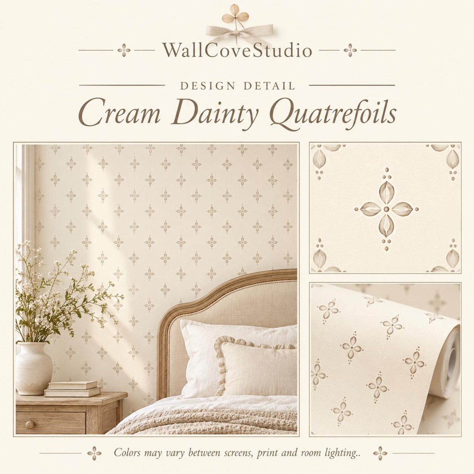 Cream Floral Wallpaper, Petite Taupe Quatrefoil Pattern, Neutral ...