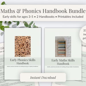 May include: Maths & Phonics Handbook Bundle featuring two educational guides for ages 3-5. Includes Early Phonics Skills Handbook with wooden letter blocks and Early Maths Skills Handbook with an abacus, plus 37 pages of printables.