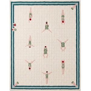 May include: A rectangular area rug featuring a cream-colored grid pattern resembling a tiled swimming pool. The design includes multiple figures in green swimsuits and red caps in various swimming poses, framed by dark and light blue borders.