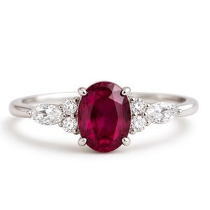 Lab Ruby Engagement Ring, Oval Lab Ruby & Moissanite Ring, 925 Sterling Silver Three Stone Ring, July Birthstone Promise Ring,