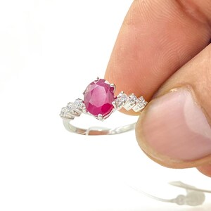 Natural Ruby & Moissanite Sterling Silver Engagement Ring, Oval Red Ruby Ring, Three Stone Ring, Vintage Inspired Wedding Ring