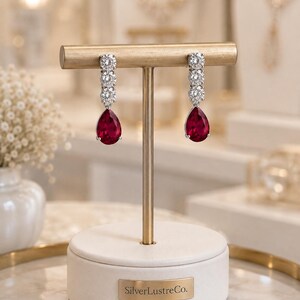 Pendientes de rubí en forma de pera, pendientes colgantes de plata de ley, pendientes de moissanita, pendientes de piedras preciosas rojas, joyería nupcial elegante