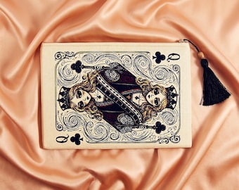Queen of Clubs Clutch, Original Art Print Evening Handbag, Purse