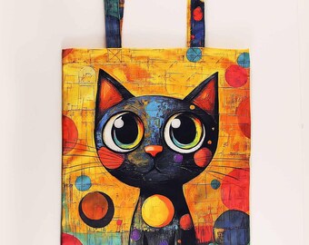 Colorful Cat Tote Bag, Pop Art Shoulder Bag, Handmade Kitty Lover Gift, Reusable Shopping