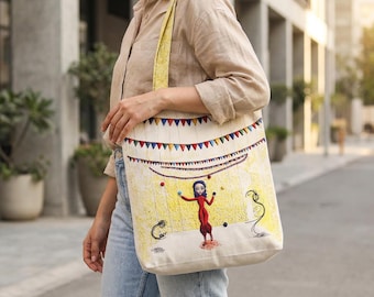Circus Juggler Tote Bag, Whimsical Art, Faux Embroidery, Colorful Carnival Shoulder Bag, Reusable Shopping