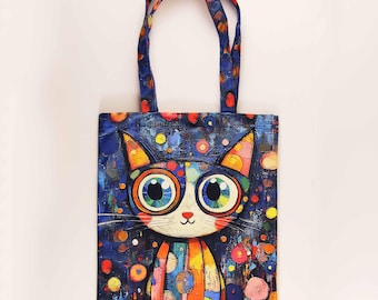 Colorful Cat Tote Bag, Unique Art Shoulder Bag, Handmade Kitty Lover Gift, Reusable Shopping