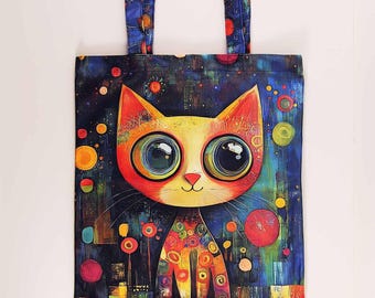 Colorful Cat Tote Bag, Whimsical Art Shoulder Bag, Handmade Kitty Lover Gift, Reusable Shopping