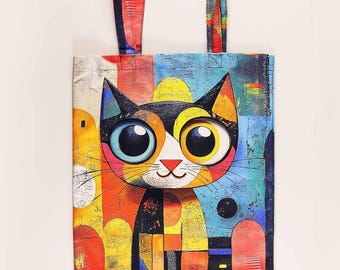 Colorful Cat Tote Bag, Cubism Art Shoulder Bag, Handmade Kitty Lover Gift, Reusable Shopping