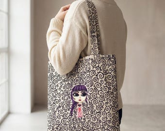 Spirals Girl Tote Bag, Surreal Whimsical Art Shoulder Bag, Faux Embroidery, Reusable Shopping