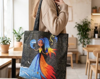 Fire and Water Girl Tote Bag, Fantasy Elemental Surreal Art Shoulder Bag, Reusable Shopping