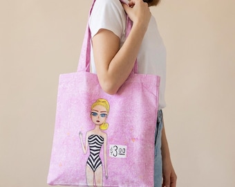 Vintage Fashion Doll Tote Bag, Retro Pink Pop Art Shoulder Bag, Reusable Shopping