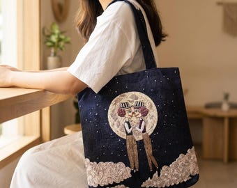 Clowns in Love Tote Bag, Surreal Romantic Whimsical Art, Faux Embroidery Shoulder Bag, Reusable Shopping