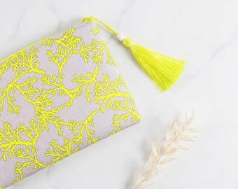 Evening Clutch, Gray and Yellow Handbag, Coral Pattern Purse, Elegant Make up bag