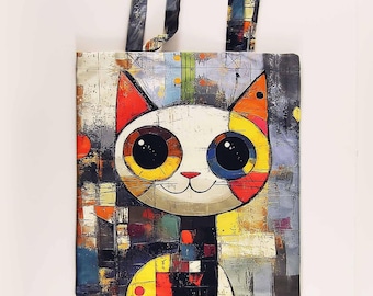 Colorful Cat Tote Bag, Abstract Art Shoulder Bag, Handmade Kitty Lover Gift, Reusable Shopping