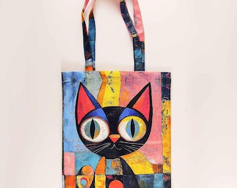 Colorful Cat Tote Bag, Cubistic Art Shoulder Bag, Handmade Kitty Lover Gift, Reusable Shopping