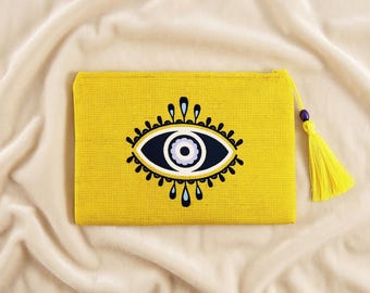 Nazar, Evil Eye Yellow Clutch, Evening Handbag, Purse, Make up bag