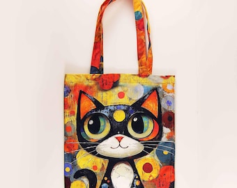 Colorful Cat Tote Bag, Surreal Art Shoulder Bag, Handmade Kitty Lover Gift, Reusable Shopping