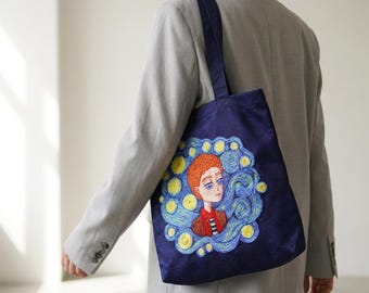 Starry Night Inspired Tote Bag, Young Van Gogh Portrait, Faux Embroidery Shoulder Bag, Reusable Shopping