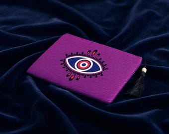 Nazar, Evil Eye Purple and Red Clutch, Evening Handbag, Purse, Make up bag