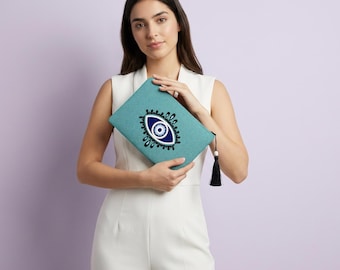 Nazar, Evil Eye Mint Blue Clutch, Evening Handbag, Purse, Make up bag