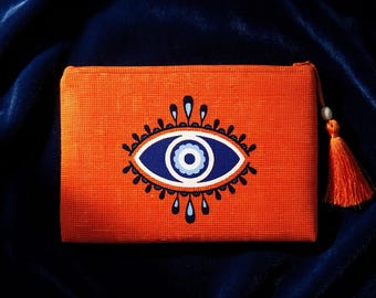 Nazar, Evil Eye Orange Clutch, Evening Handbag, Purse, Make up bag