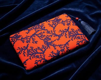 Evening Clutch, Handbag, Purse, Make up bag, Coral, Red and Blue Black