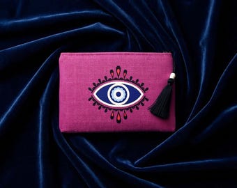 Nazar, Evil Eye Purple Clutch, Evening Handbag, Purse, Make up bag
