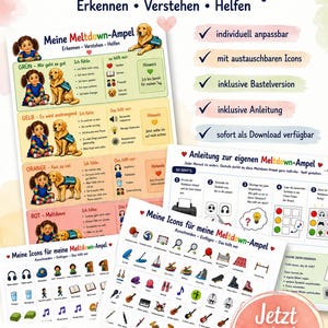 Könnte beinhalten: Ein digitales Download-Set mit dem Titel Meine Meltdown-Ampel, bestehend aus einer farbcodierten Übersicht in Grün, Gelb, Orange und Rot. Es enthält Anleitungen, ausschneidbare Symbole für Bewältigungsstrategien und deutschen Begleittext.