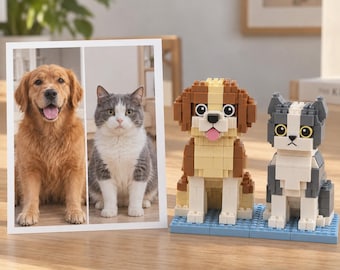 Kit di mattoncini fai-da-te personalizzato per due animali domestici, a partire da una foto, con mattoncini per cani e gatti, un regalo ricordo.