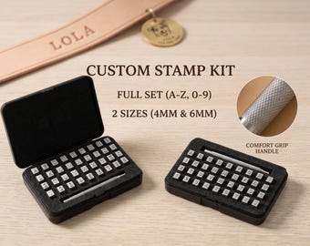 Kit per imprimere lettere e numeri su pelle, strumenti in metallo da 4 mm e 6 mm con manico per lavorazione su pelle conciata al vegetale.