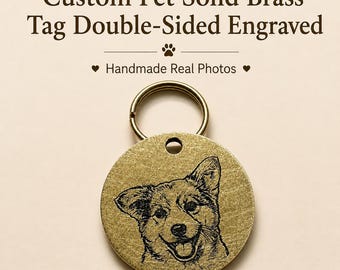 Targhetta identificativa in ottone personalizzata con ritratto di animale domestico, ciondolo per collare di cane o gatto con incisione su entrambi i lati.