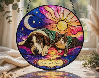 Ritratto di animale domestico in vetro colorato personalizzato, acchiappasole, regalo commemorativo personalizzato da foto