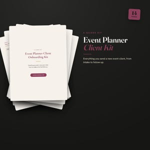 Kit de incorporación de clientes para organizadores de eventos (PDF), cuestionario de admisión de clientes, cronograma de proveedores y del día del evento (editable).