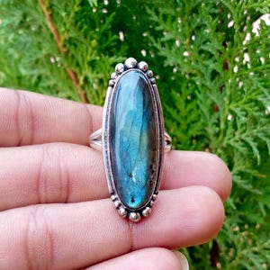 Long Labradorite Ring, Blue Flash Labradorite 925 Sterling Silver Ring, Handmade Artisan Statement Jewelry, Boho Gift for Women