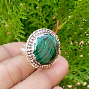 Malachite Ring, Natural Green Gemstone Statement Ring, 925 Sterling Silver Jewelry, Round Stone Ring, Handmade Boho Gift for Her