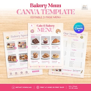 May include: A three-page bakery menu Canva template featuring pink and white text, including headings like Bakery Menu, Cake & Bakery Menu, and Our Menu. The layout displays images of chocolate cake, cupcakes, croissants, muffins, and cookies.