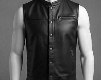 Heren zwart leren biker vest – handgemaakt motorvest met drukknoopsluiting aan de voorkant en ritszak