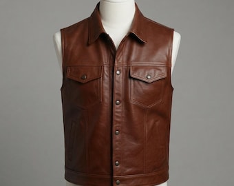Men's Brown Genuine Leather Motorcycle Vest | Classic Snap Front Biker Vest